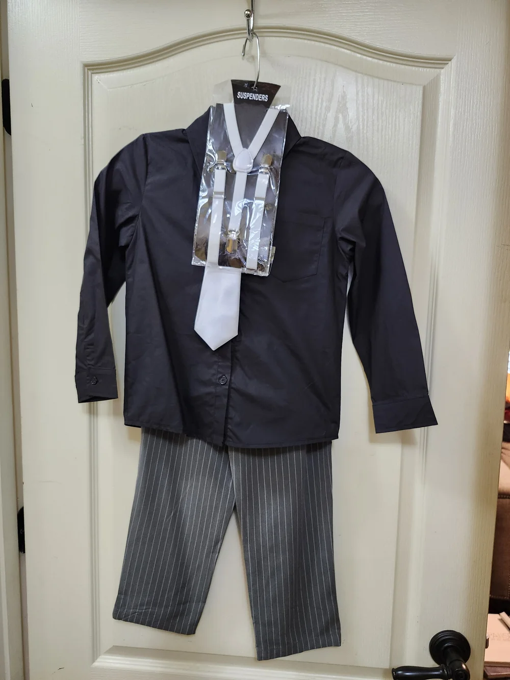 Trish Scully Kids Pinstripe Gangster Pantsuit with White Tie and Suspenders